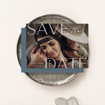 Modern Statement | Horizontal Photo Save The Date<br><div class="desc">Announce your wedding date in unforgettable style with these elegant and modern photo save the date cards, featuring a full bleed horizontal or landscape oriented photo with "save the date" overlaid in white lettering at the corners. Your wedding date appears inside the letter D, with your names and wedding location...</div>