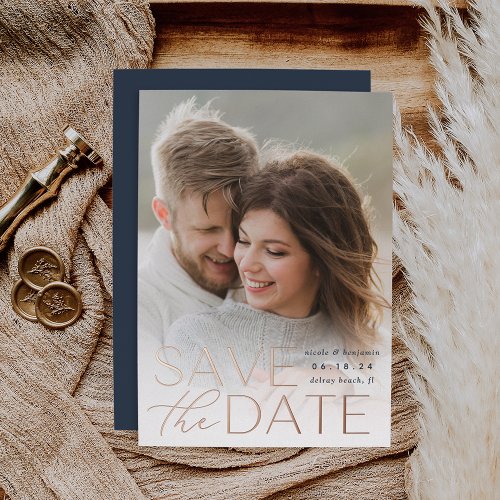 Modern Statement  Vertical Photo Save The Date Foil Invitation