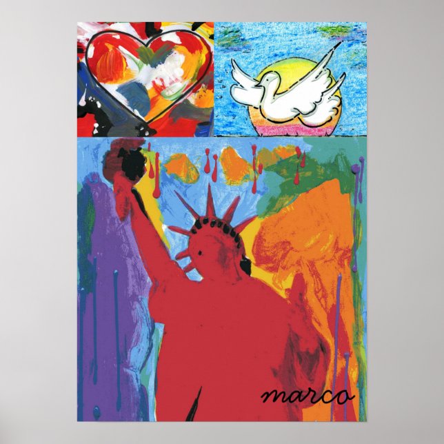 Modern statue of liberty Watercolor red heart dove Poster (Front)
