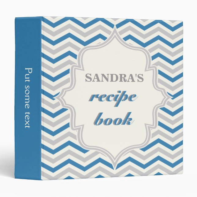Modern  steel blue, grey chevron zigzag recipe binder (Front/Spine)