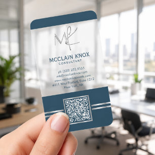 Modern Steel Blue Silver Frosted QR Code  Clear Business Cards