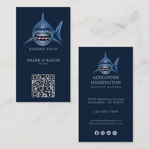 Modern Steel Shark Barber Shop Logo Qr Code Business Card