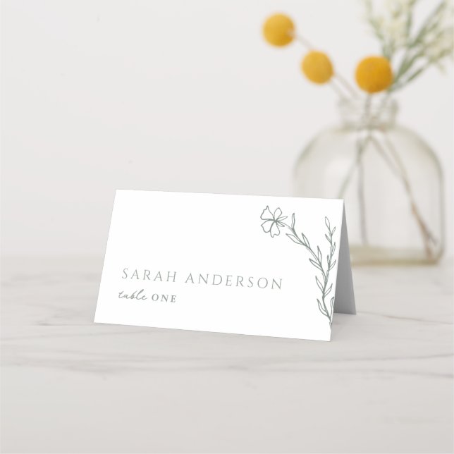 Modern Stenciled Botanical Sage Moss Green Place Card (Front)