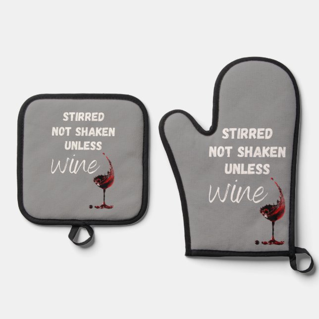 Modern Stirred Not Shaken Unless Wine Grey Oven Mitt & Pot Holder Set (Front)