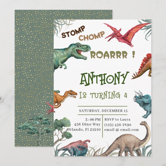 Modern stomp chomp roar birthday baby shower perso invitation (Front/Back)