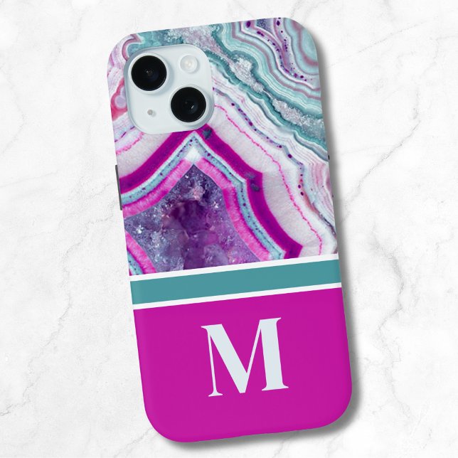 Modern Stone Initial Monogram Iphone Case (Stylish Modern Teal Magenta Stone Initial Monogram iPhone 15 Case)