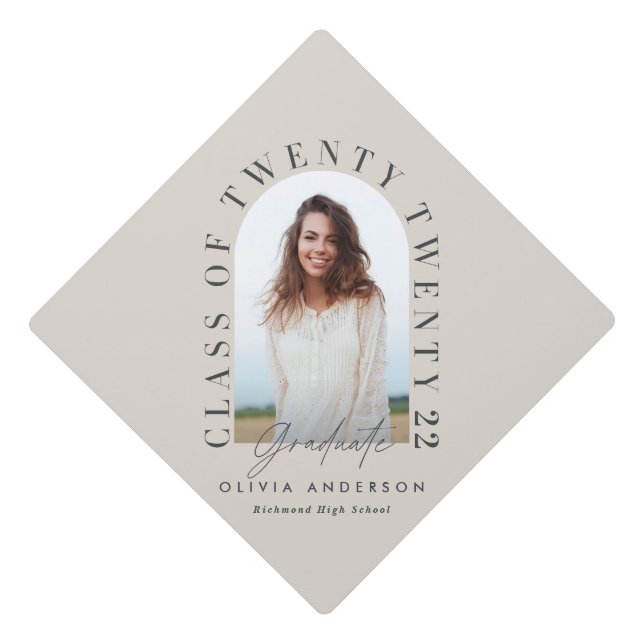 Modern stone typography photo arch graduation cap topper (Front)