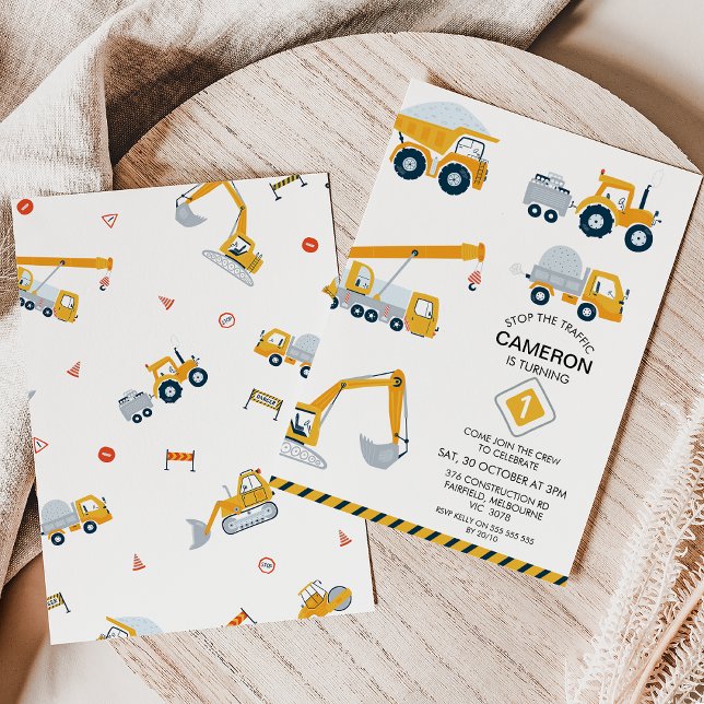 Modern Stop The Traffic Construction 1st Birthday  Invitation (Modern stop the traffic, construction themed 1st birthday invitation in yellow, black and grey.)