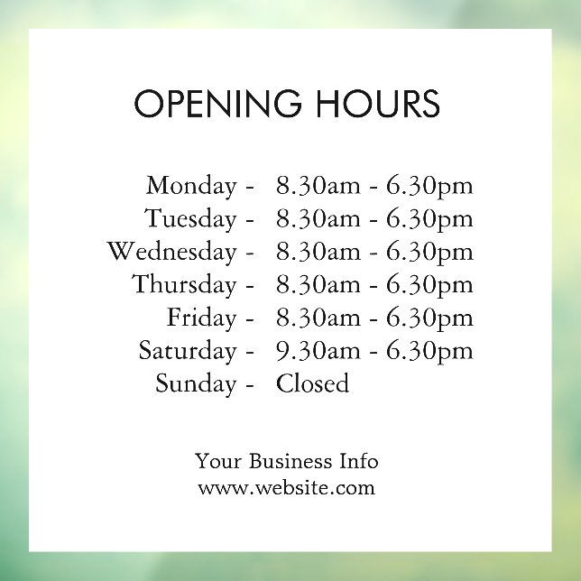 Modern Store Hours | Business Opening Times Window Cling (Sheet 3)