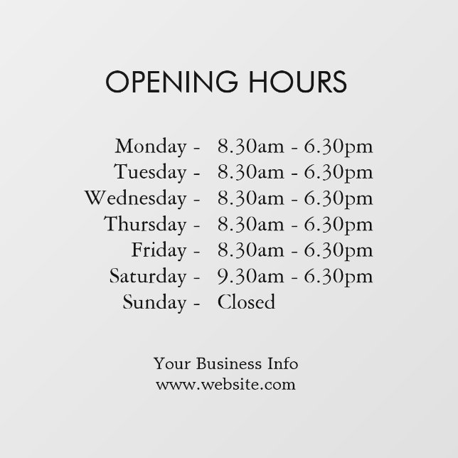 Modern Store Hours | Custom Business Opening Times Window Cling (Sheet)