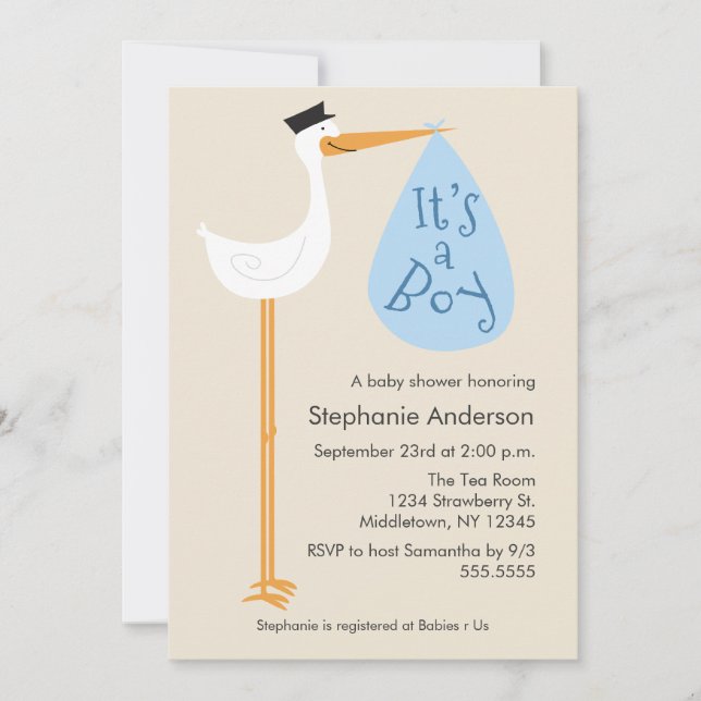 Modern Stork Baby Shower Invitation - Boy (Front)