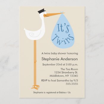 Modern Stork Baby Shower Invitation - Twin Boys by oddowl at Zazzle