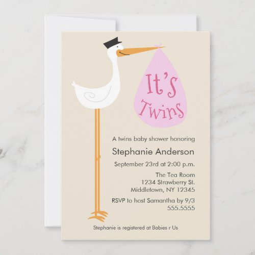 Modern Stork Baby Shower Invitation - Twin Girls