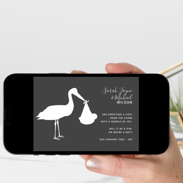 Modern Stork Pregnancy Announcement Card (Front Digital)