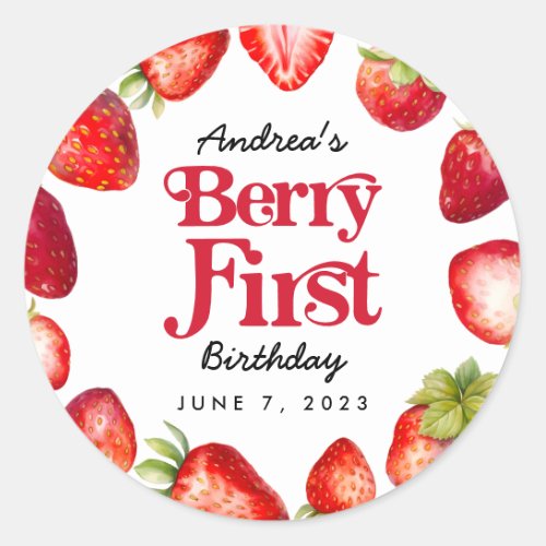 Modern Strawberry Berry First Birthday Classic Round Sticker