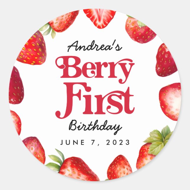 Modern Strawberry Berry First Birthday Classic Round Sticker (Front)