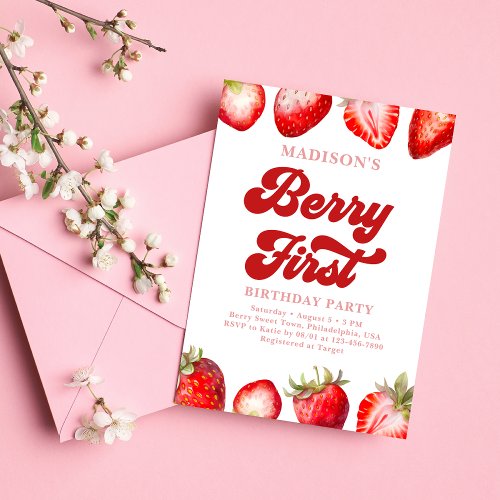 Modern Strawberry Berry First Birthday  Invitation