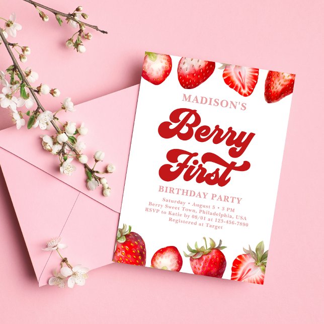 Modern Strawberry Berry First Birthday  Invitation (Creator Uploaded)