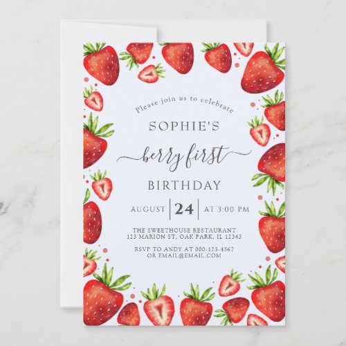 Modern Strawberry Berry Sweet First Birthday Invitation