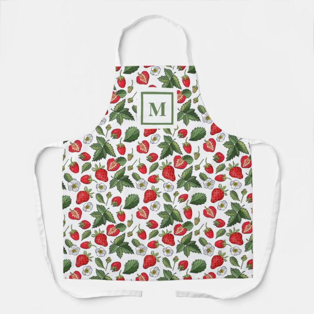 Modern Strawberry Blossom Pattern Monogram Apron (Front)