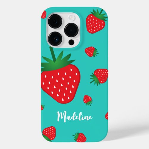 Modern Strawberry Fruit Teal Pattern Script Name Case_Mate iPhone 14 Pro Case