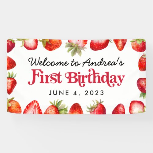 Modern Strawberry Kids First Birthday Welcome Banner