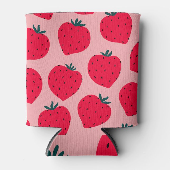 Modern Strawberry Pink Seamless Pattern Can Cooler (Front)