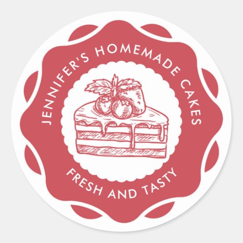 Modern Strawberry Red Homemade Cakes Bakery Classic Round Sticker