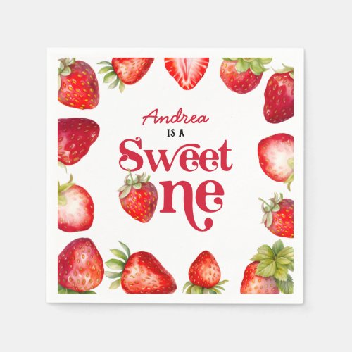 Modern Strawberry Sweet One First Birthday Girls Napkins
