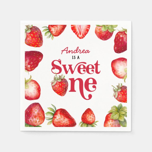 Modern Strawberry Sweet One First Birthday Girls Napkins (Front)