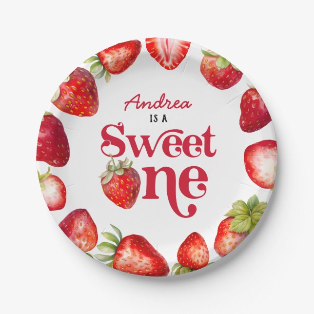 Modern Strawberry Sweet One First Birthday Girls Paper Plates (Front)