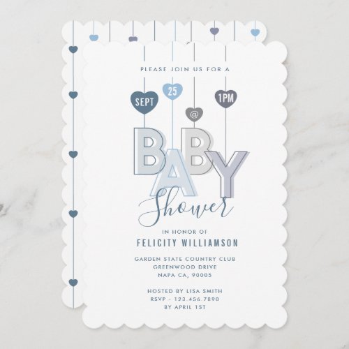 Modern String Blue Baby Letters Hearts Baby Shower Invitation