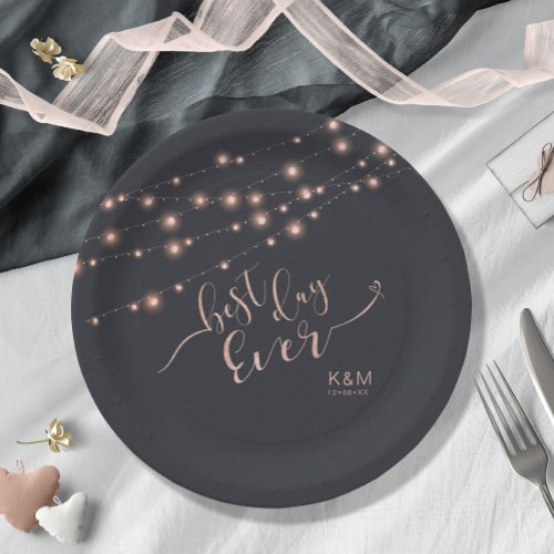 Modern String Lights Best Day Ever Rose Gold ID585 Paper Plates