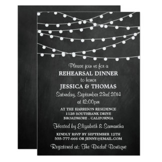 Modern String Lights Chalkboard Rehearsal Dinner Card