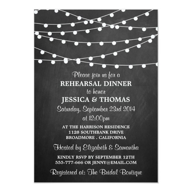 Modern String Lights Chalkboard Rehearsal Dinner Invitation