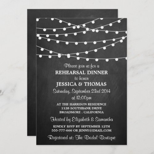 Modern String Lights Chalkboard Rehearsal Dinner Invitation