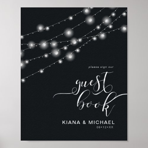 Modern String Lights Guest Book BW ID585