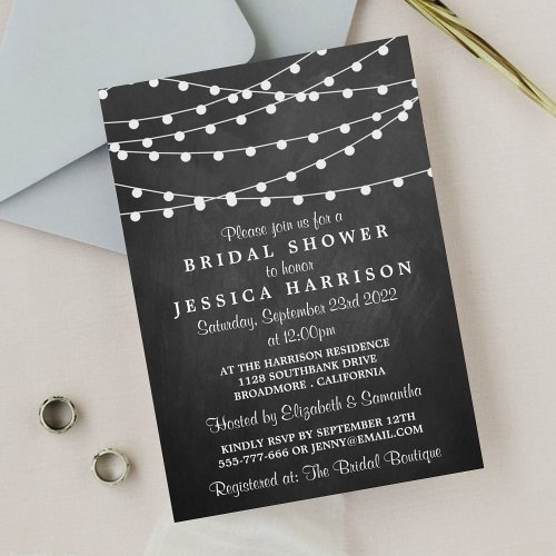 Modern String Lights On Chalkboard Bridal Shower 5x7 Paper Invitation Card