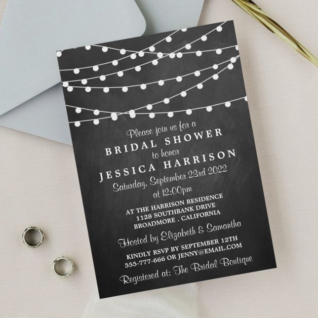 Modern String Lights On Chalkboard Bridal Shower Invitation