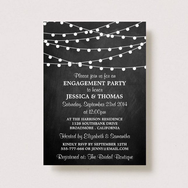 Modern String Lights On Chalkboard Engagement Invitation (Creator Uploaded)