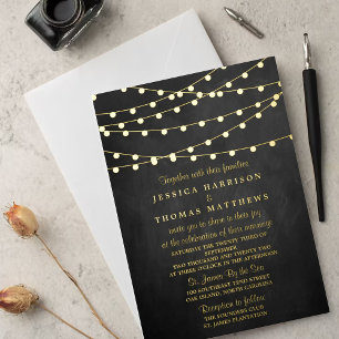 Modern String Lights On Chalkboard Wedding Real Foil Invitation