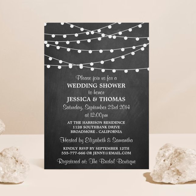 Modern String Lights On Chalkboard Wedding Shower Invitation (Creator Uploaded)