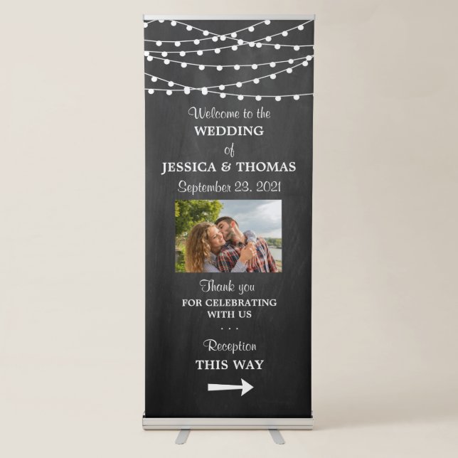 Modern String Lights On Chalkboard Wedding Welcome Retractable Banner (Front)