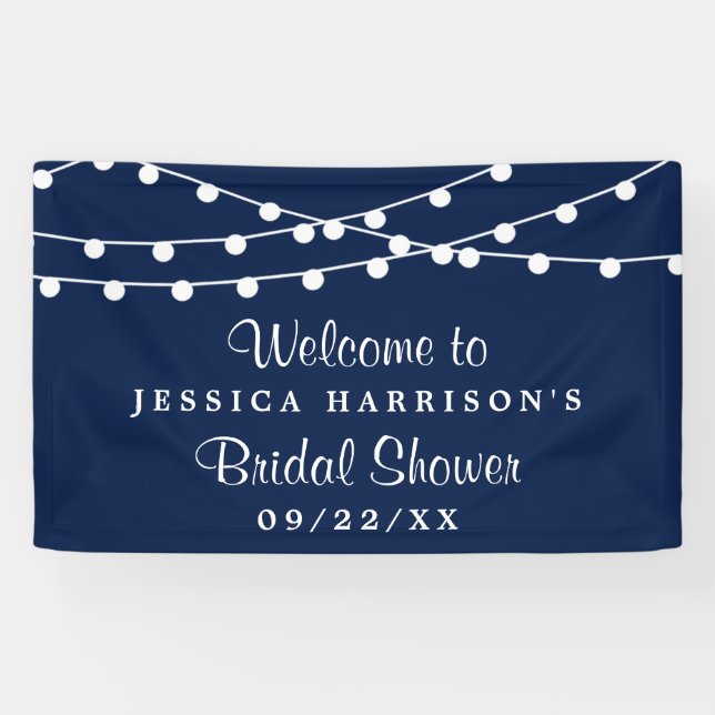 Modern String Lights On Navy Blue Bridal Shower Banner (Horizontal)