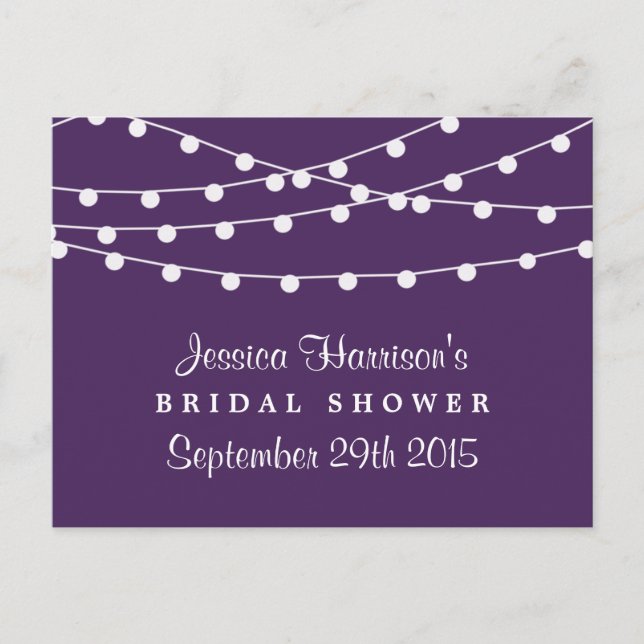 Modern String Lights On Purple Bridal Shower Invitation Postcard (Front)