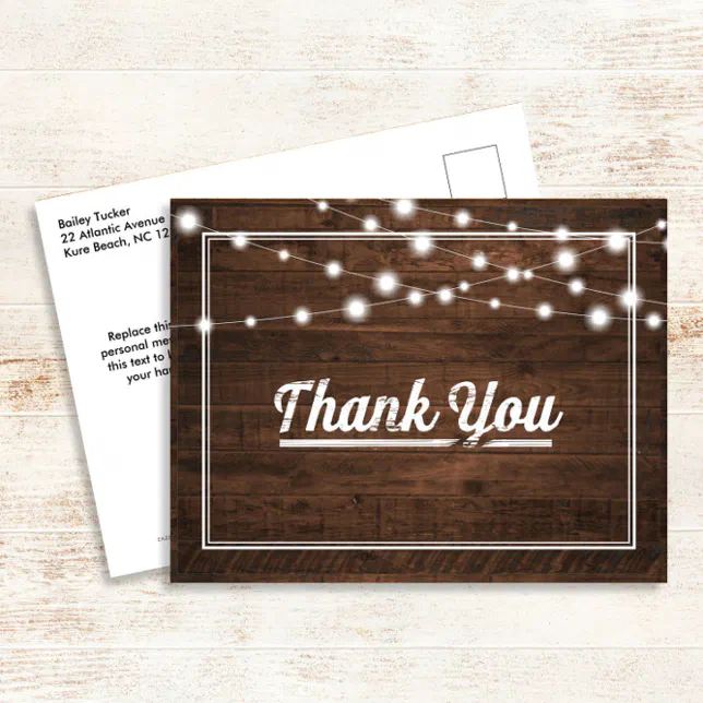 Modern String Lights on Wood Rustic Thank You Postcard | Zazzle