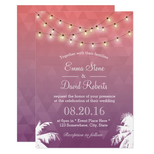 Modern String Lights & Palm Trees Wedding Invitation