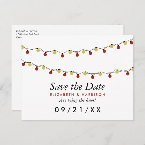 Modern String Lights Red  Gold Save the Date Announcement Postcard