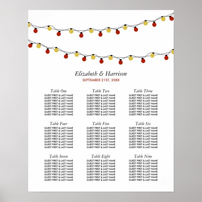 Modern String Lights, Red & Gold Seating Chart (Front)