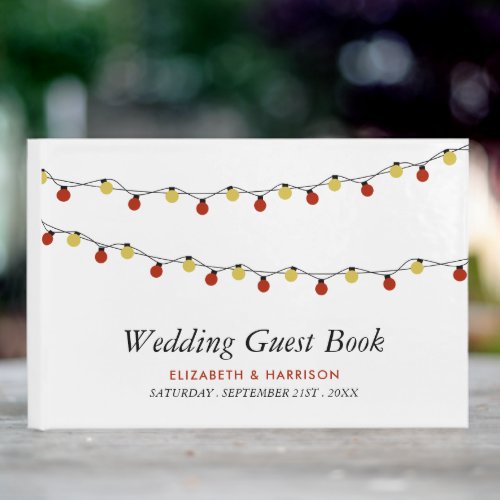 Modern String Lights Red  Gold Wedding Guest Book